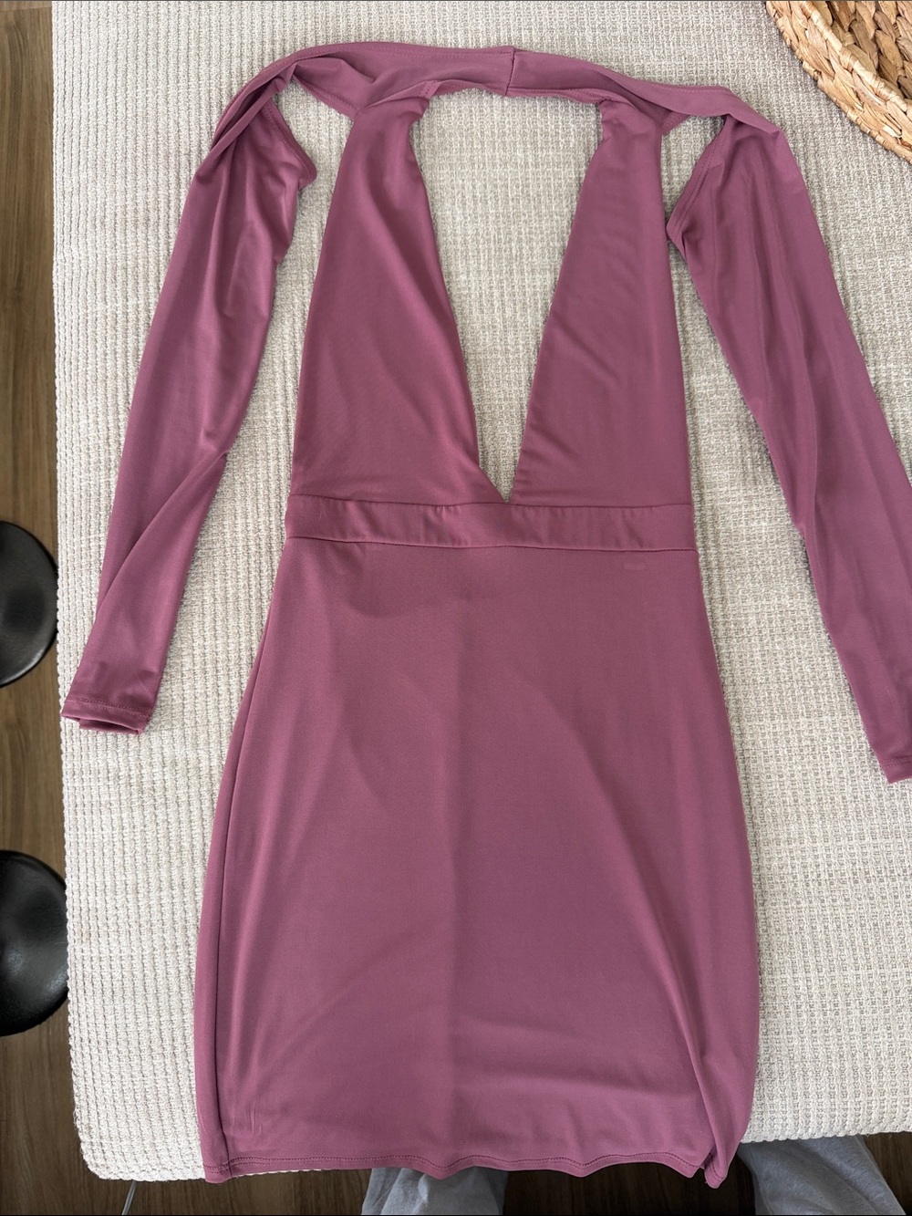 Deep V Long Sleeve Bodycon Dress in Mauve